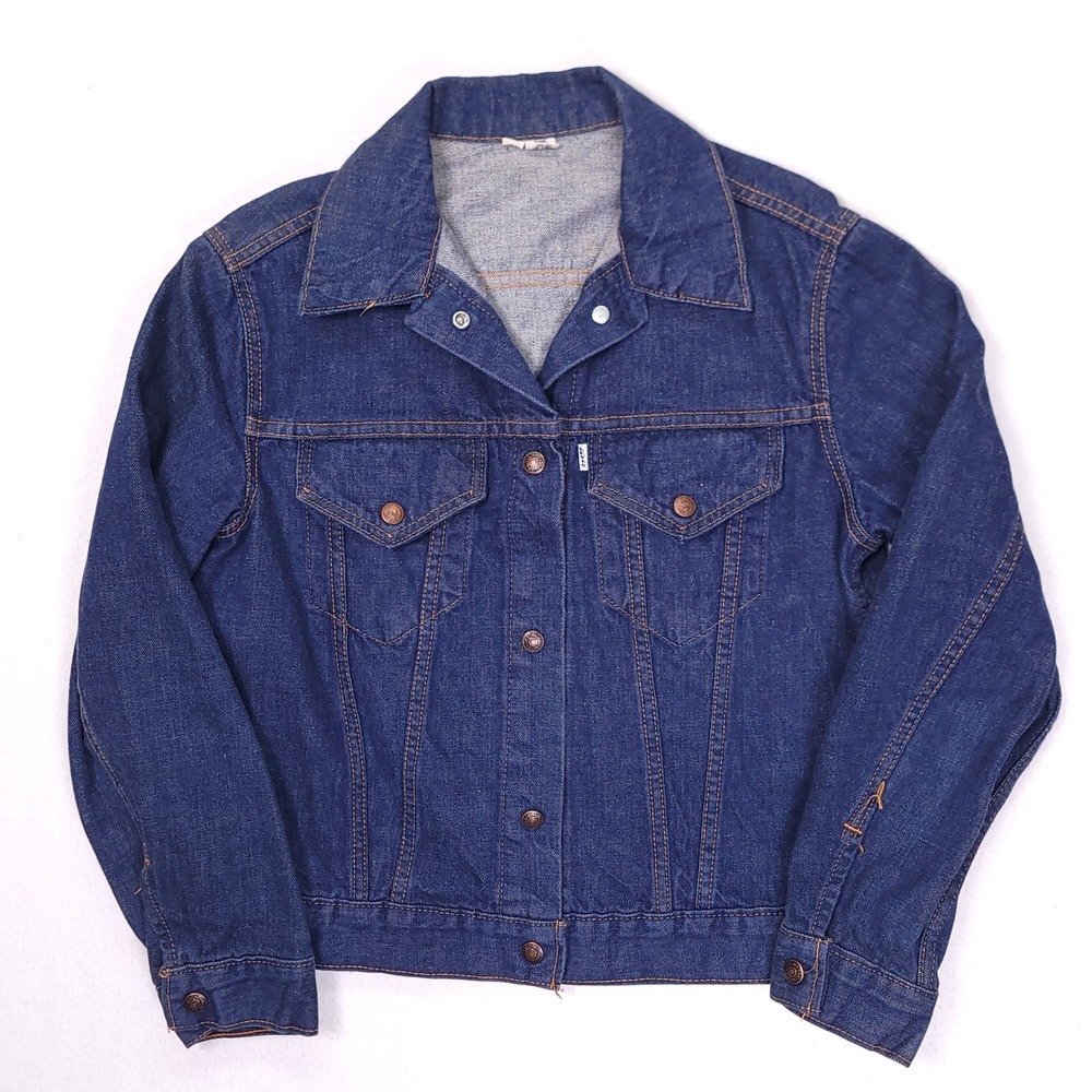 Vintage Levis Gals Denim Trucker Jacket Dark Wash White Tab Big E Size L 70s